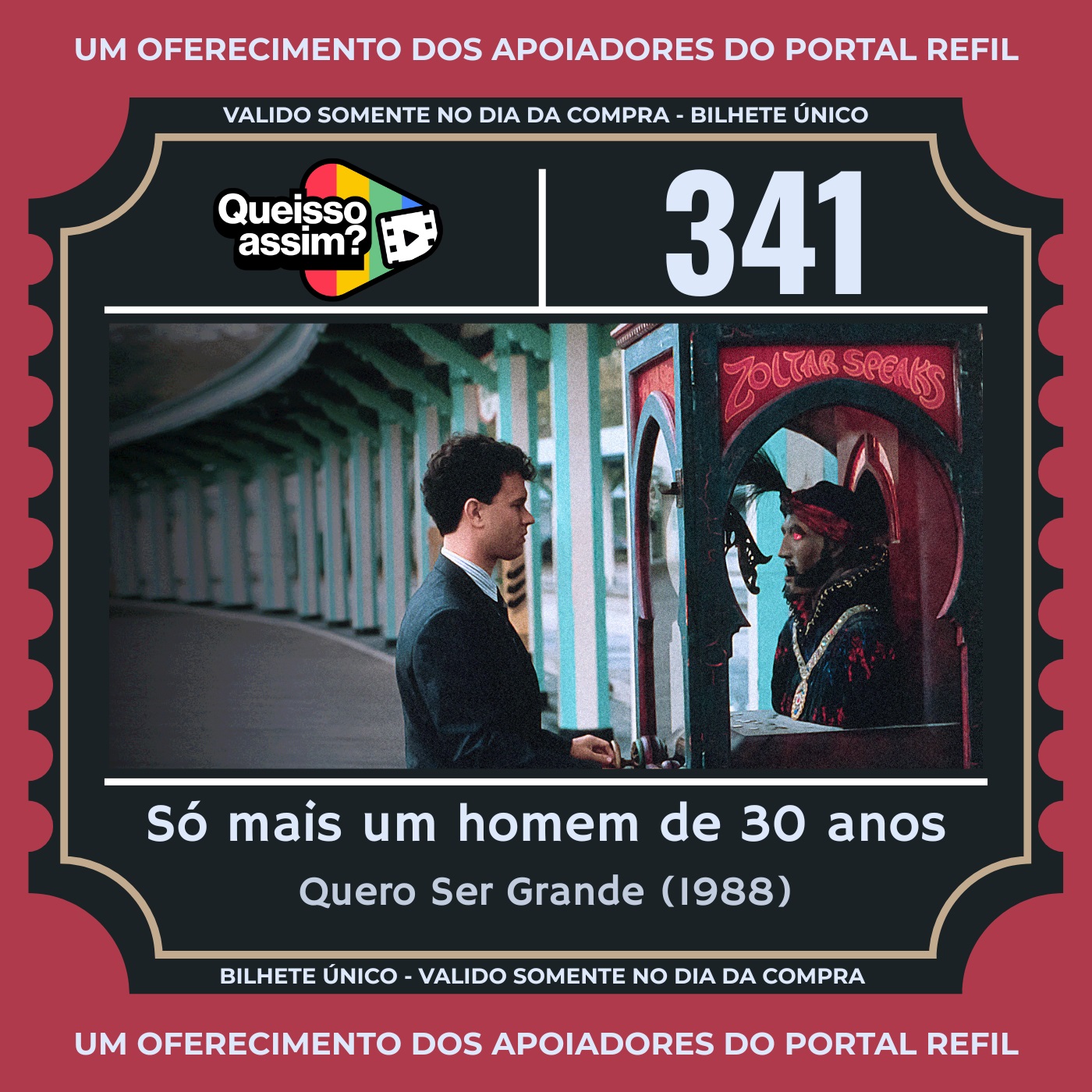 Ilustração do episódio QueIssoAssim 341 sobre o filme Quero Ser Grande (1988), com referência a um homem adulto simbolizando um garoto de 12 anos no corpo de um adulto, destacando o clássico da Sessão da Tarde e o tom crítico sobre o romance controverso do filme.