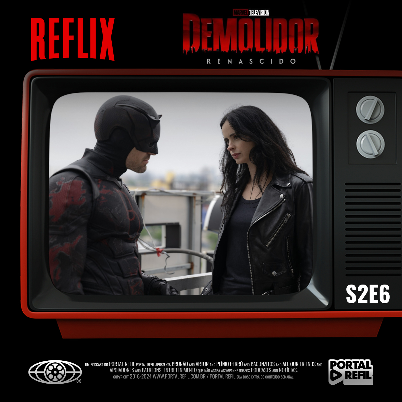 Arte de divulgação do podcast Reflix 170 destacando o episódio 6 de Demolidor Renascido, com Matt Murdock e a aparição de Jessica Jones em destaque, em clima sombrio da série do Disney+.