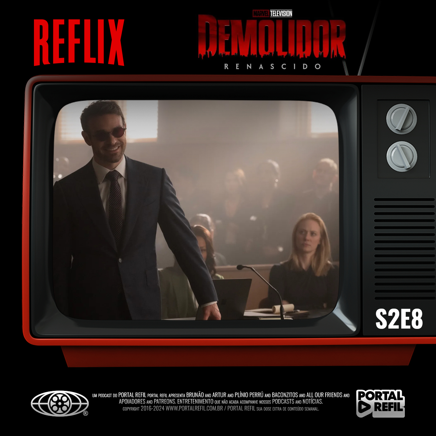 Arte de divulgação do podcast Reflix 172 sobre o episódio final da segunda temporada de Demolidor Renascido, com Matt Murdock em destaque em clima sombrio e dramático da série do Disney+.