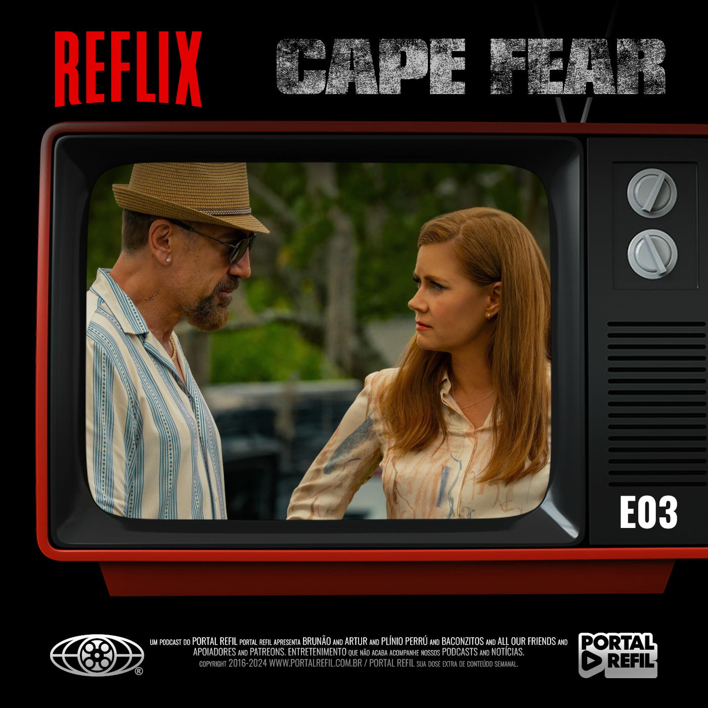 Arte do Reflix 175 destacando a análise do terceiro episódio de Cabo do Medo, série de suspense da Apple TV+ estrelada por Javier Bardem, Amy Adams e Patrick Wilson.
