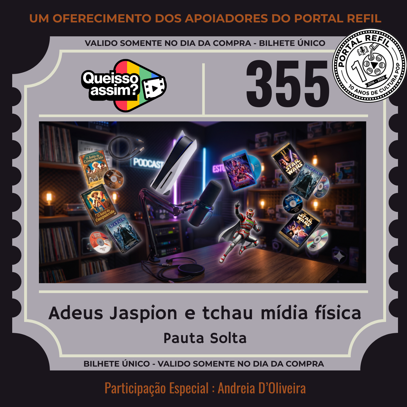 Arte do episódio 355 do QueIssoAssim sobre Jaspion, o fim da mídia física no PlayStation 5 e a nostalgia dos videogames.